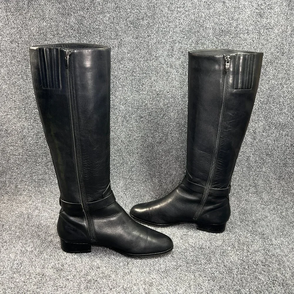 Via Spiga Tall Riding Boots Women's Size 7.5 Black Leather Buckle Knee High Boot